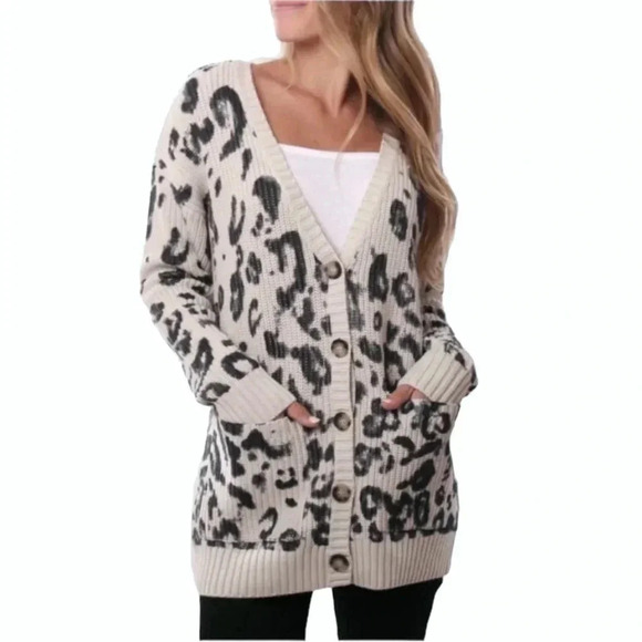 525 Animal Print Knit Cardigan Sweater Pockets 100% Cotton Lounge Cozy S - Picture 1 of 8